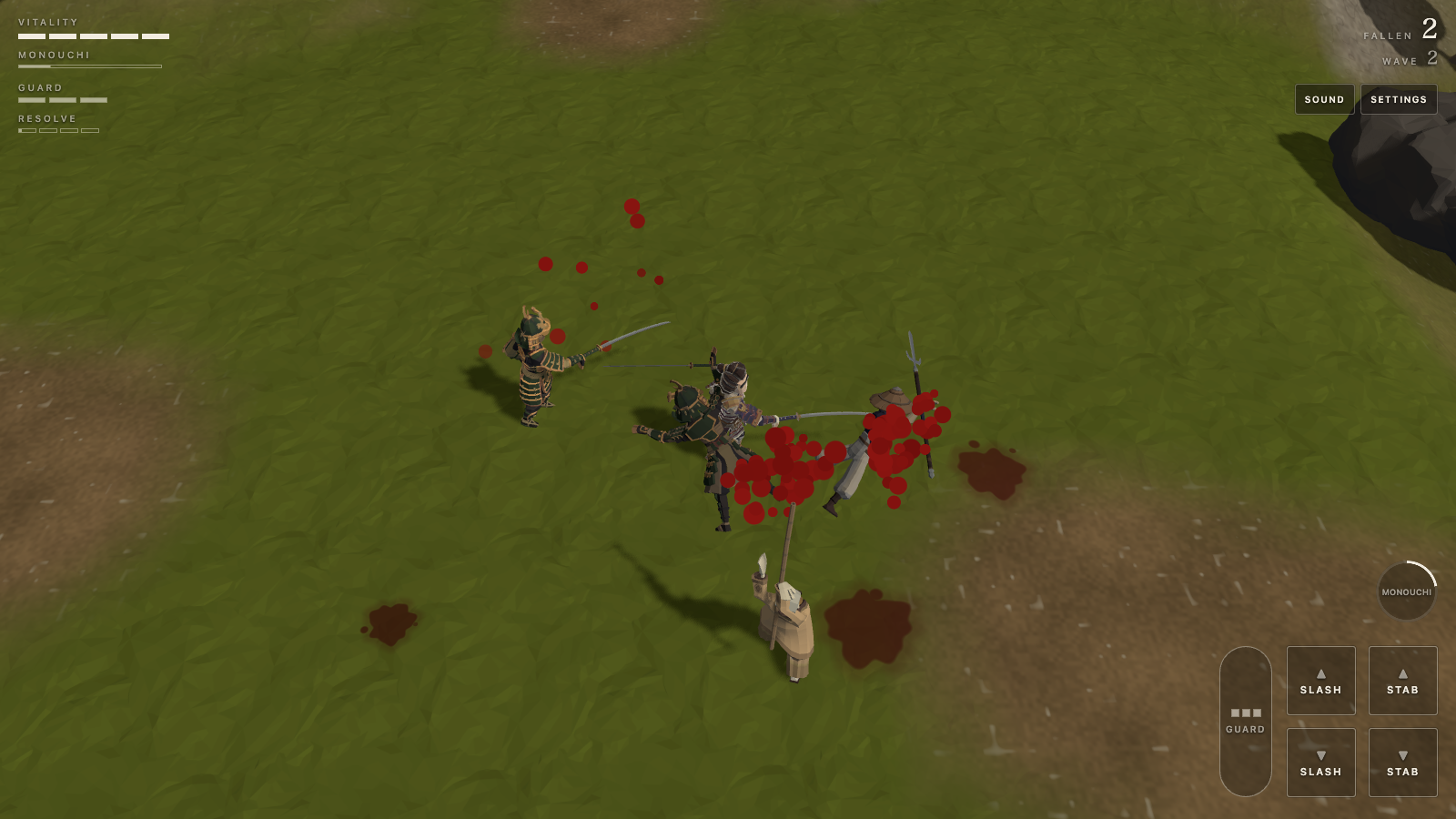 Early combat on an open green field: the swordsman lands a slash in a spray of blood while a samurai and a spearman close in.